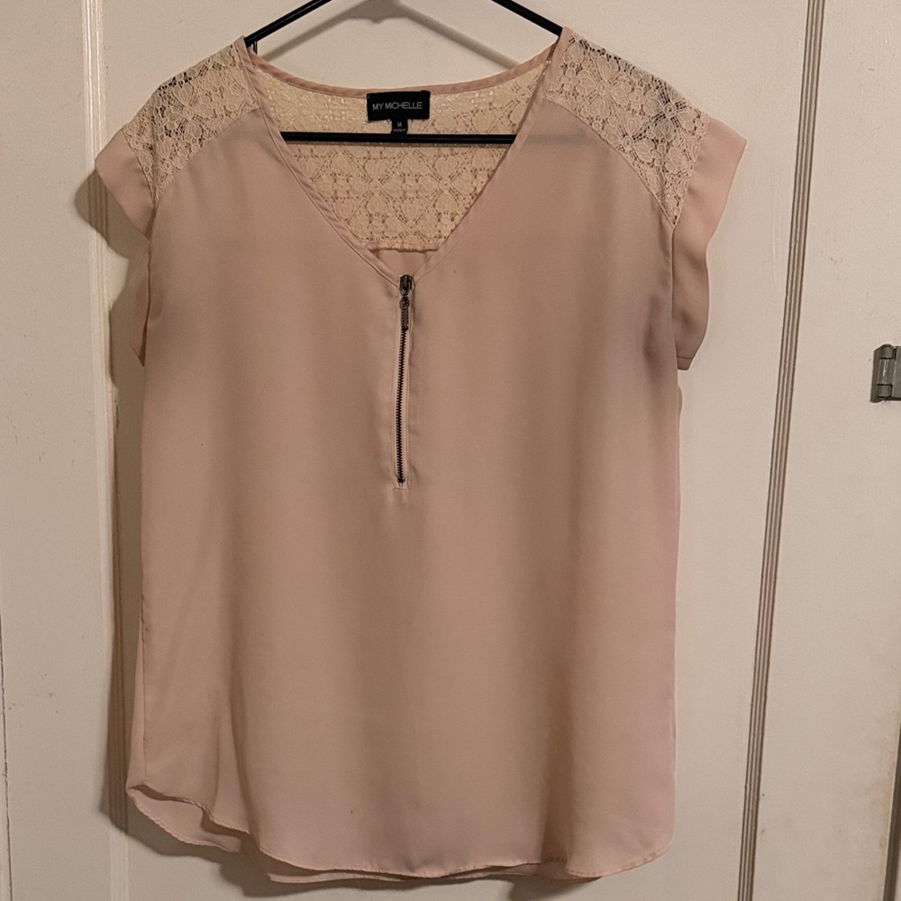 My Michelle Women's Blush Lace Sleeve Blouse